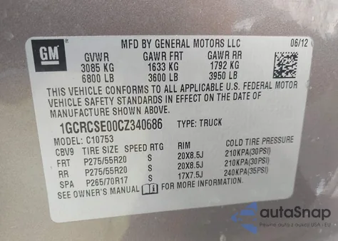 2012 Chevrolet Silverado 1500 Lt from USA, damaged, VIN 1GCRCSE00CZ340686